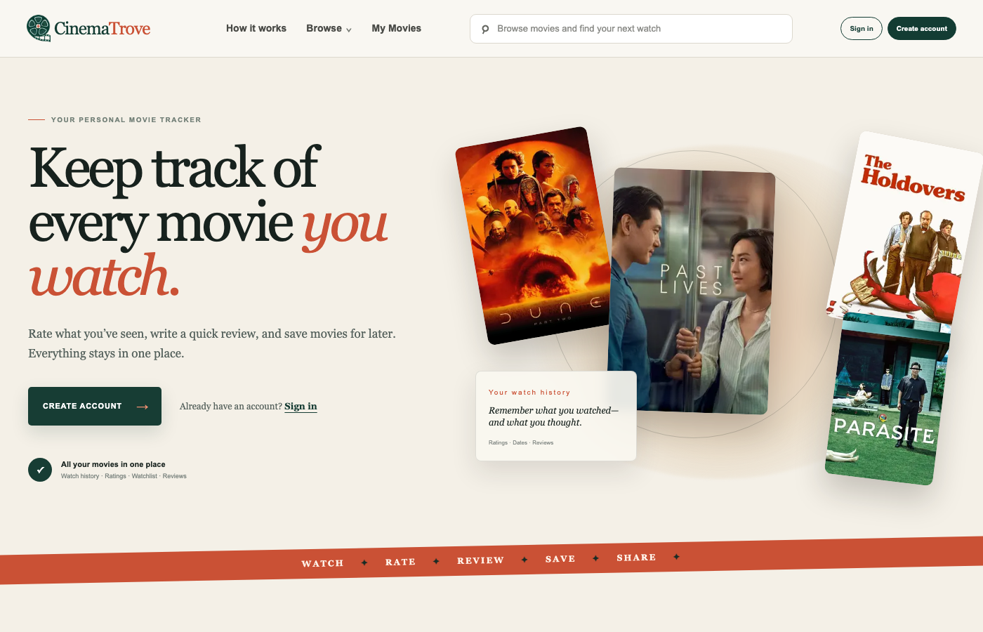 CinemaTrove — Personal movie tracker for ratings, reviews, and watchlists